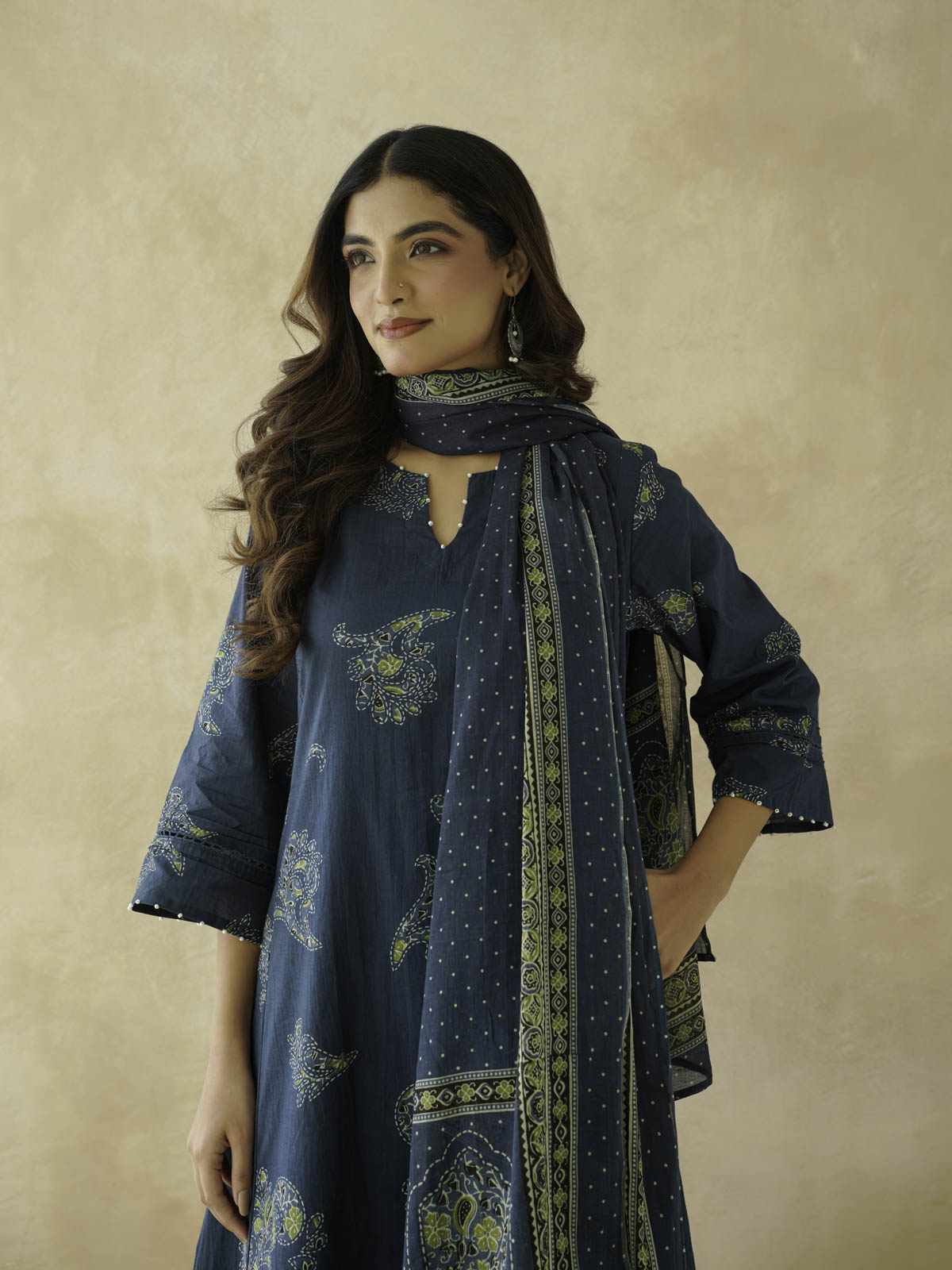 Cotton Printed Aline Geet Kurta Set For Women Indigo