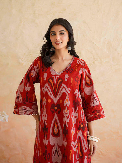 Cotton Printed Ultimate Aline Kurta For Women Cherry Red