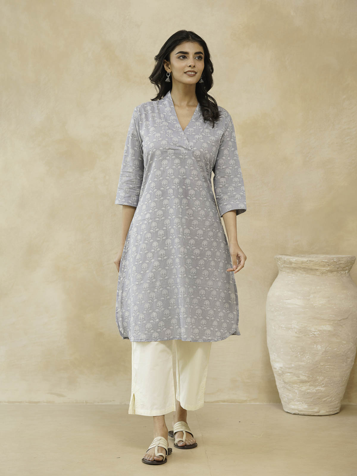 Cotton Printed Straight Kurta Grey
