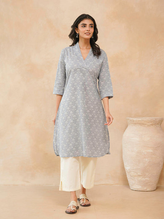 Cotton Printed Straight Kurta Grey