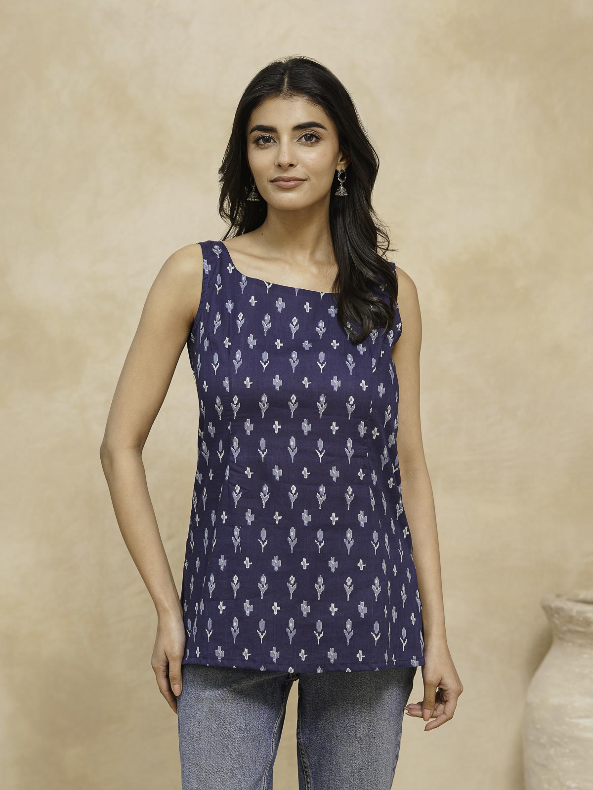 Cotton Printed Stylish Backless Tie-Up Kurti Blue