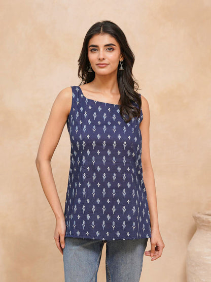Cotton Printed Stylish Backless Tie-Up Kurti Blue