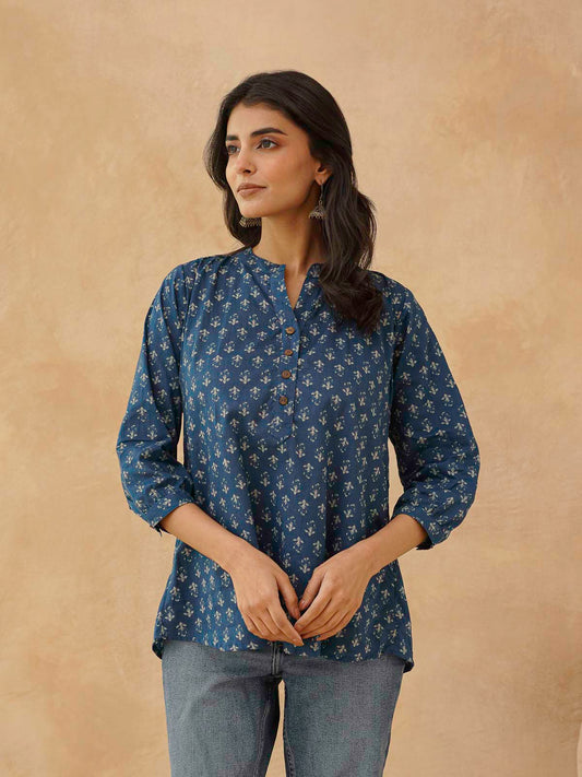 Cotton Printed Everyday Tunic Top For Women Blue Booty
