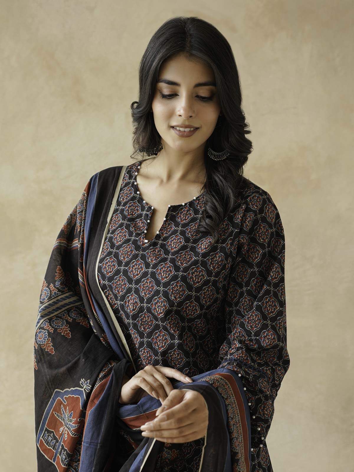 Cotton Printed Aline Kurta Set For Women Black