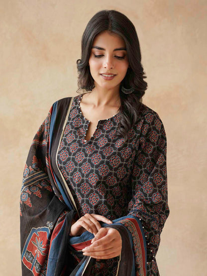 Cotton Printed Aline Kurta Set For Women Black