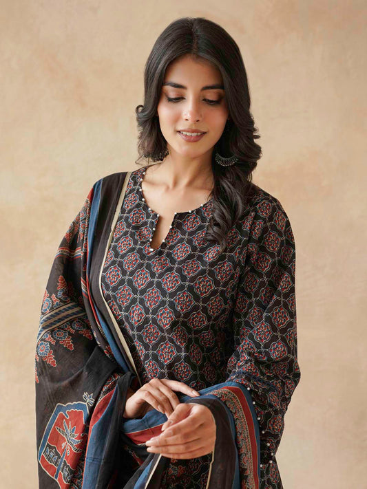Cotton Printed Aline Kurta Set For Women Black