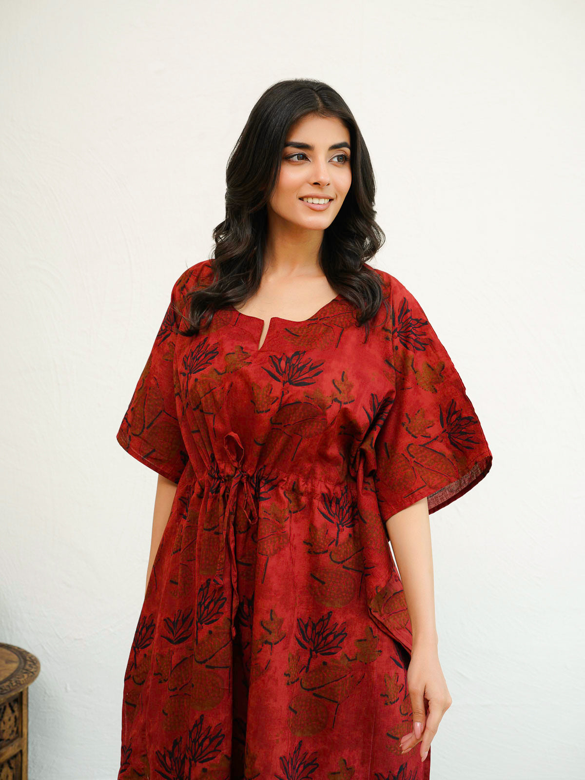 Block-Printed Cotton Long Kaftan Red
