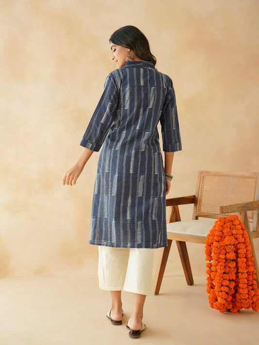 Cotton Printed Straight Kurta Indigo Strp
