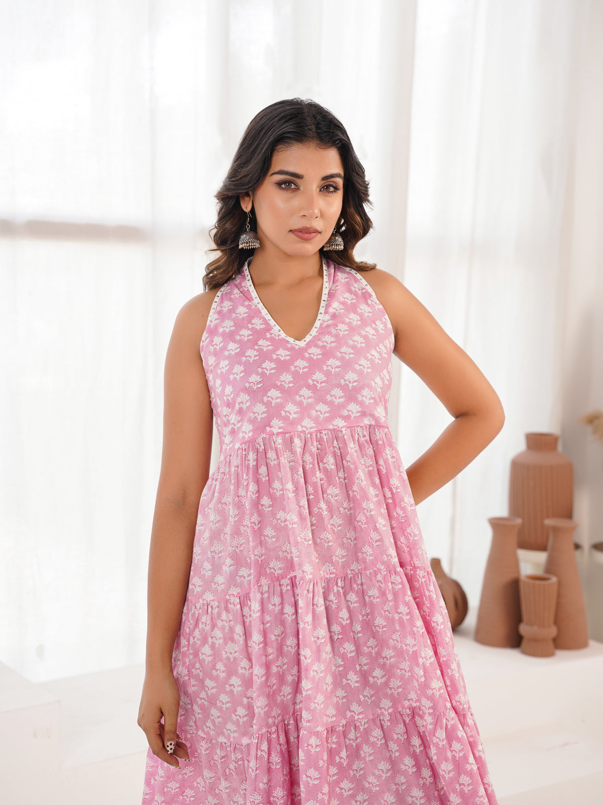 Tiered Halter Neck Dress Pink Booty