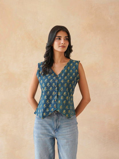Sleeveless Cotton Block Printed Kothi Top Indigo Booty