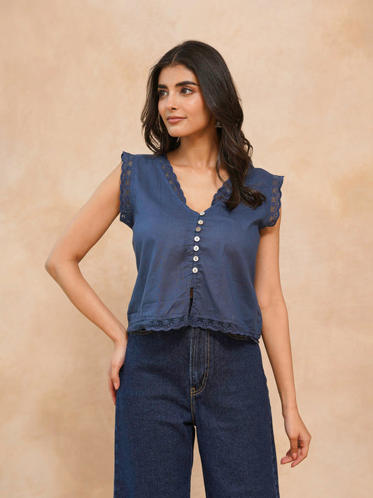 Sleeveless Cotton Printed Daisy Lace Top Blue