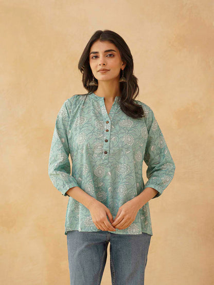 Cotton Printed Everyday Tunic Top For Women Green