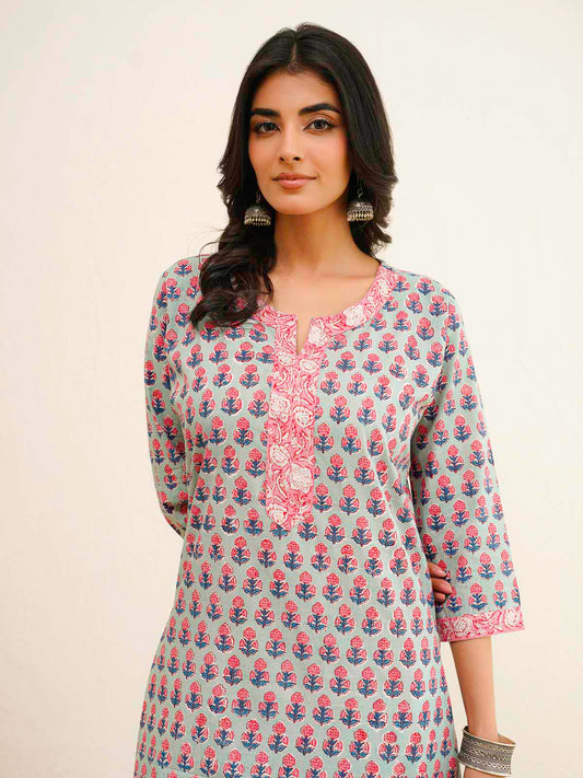 Cotton Block Printed Long Kurta Green Booty