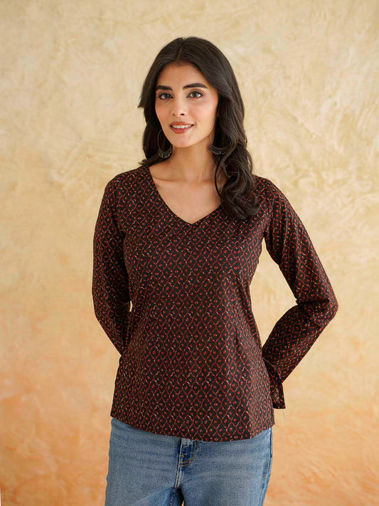 Full Sleeve Cotton Printed Classic Vee Top Black