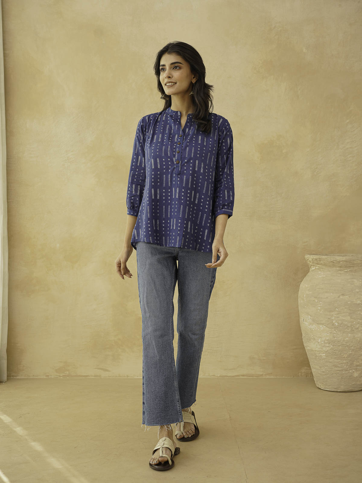 Cotton Printed Everyday Tunic Top For Women Blue Line