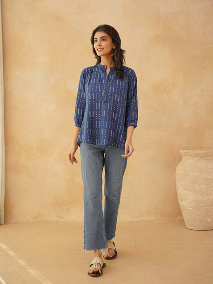 Cotton Printed Everyday Tunic Top For Women Blue Line