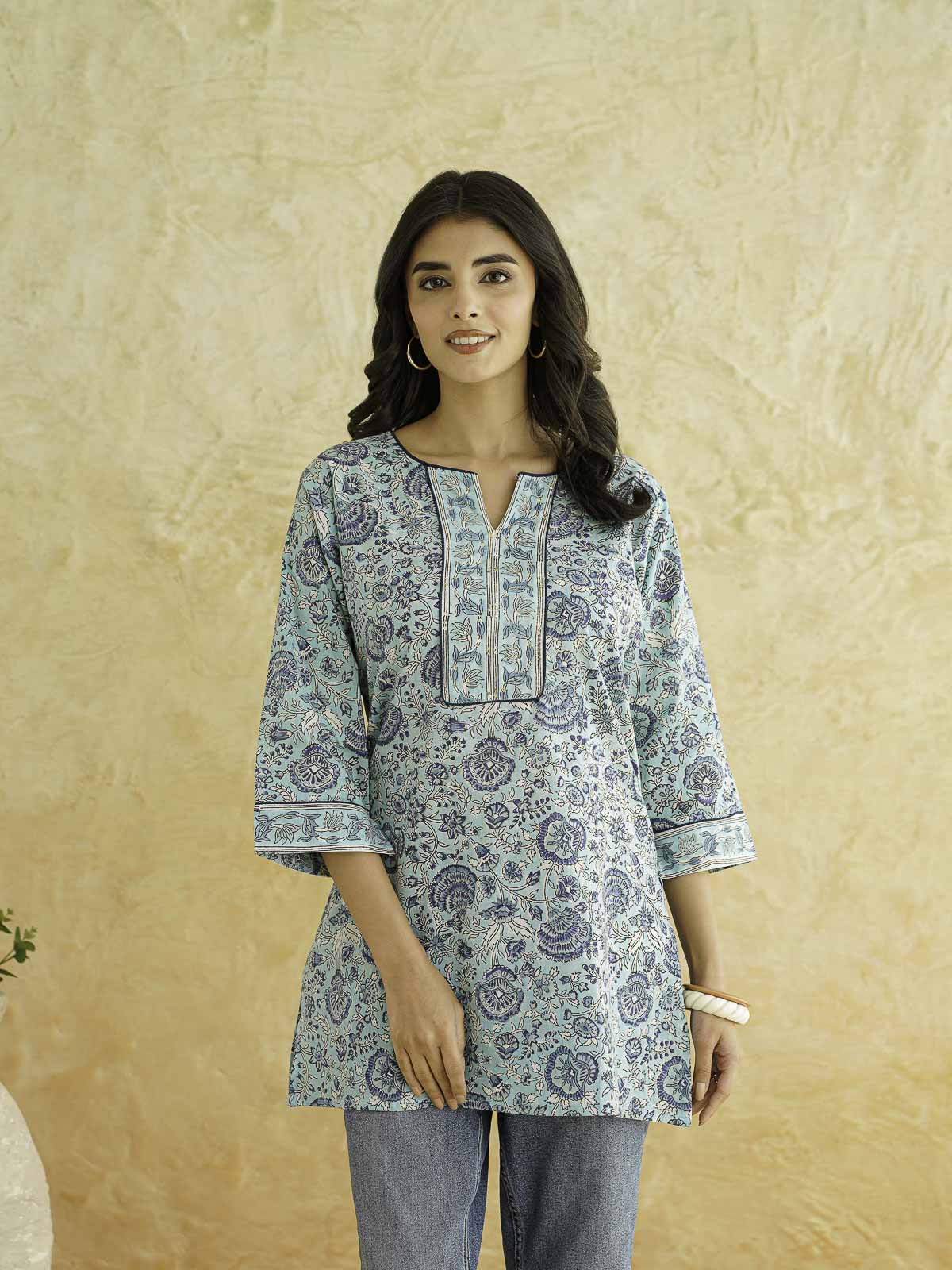 Cotton Printed Sequin Short Kurti For Women Turquoise
