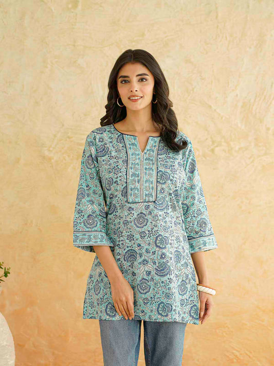 Cotton Printed Sequin Short Kurti For Women Turquoise