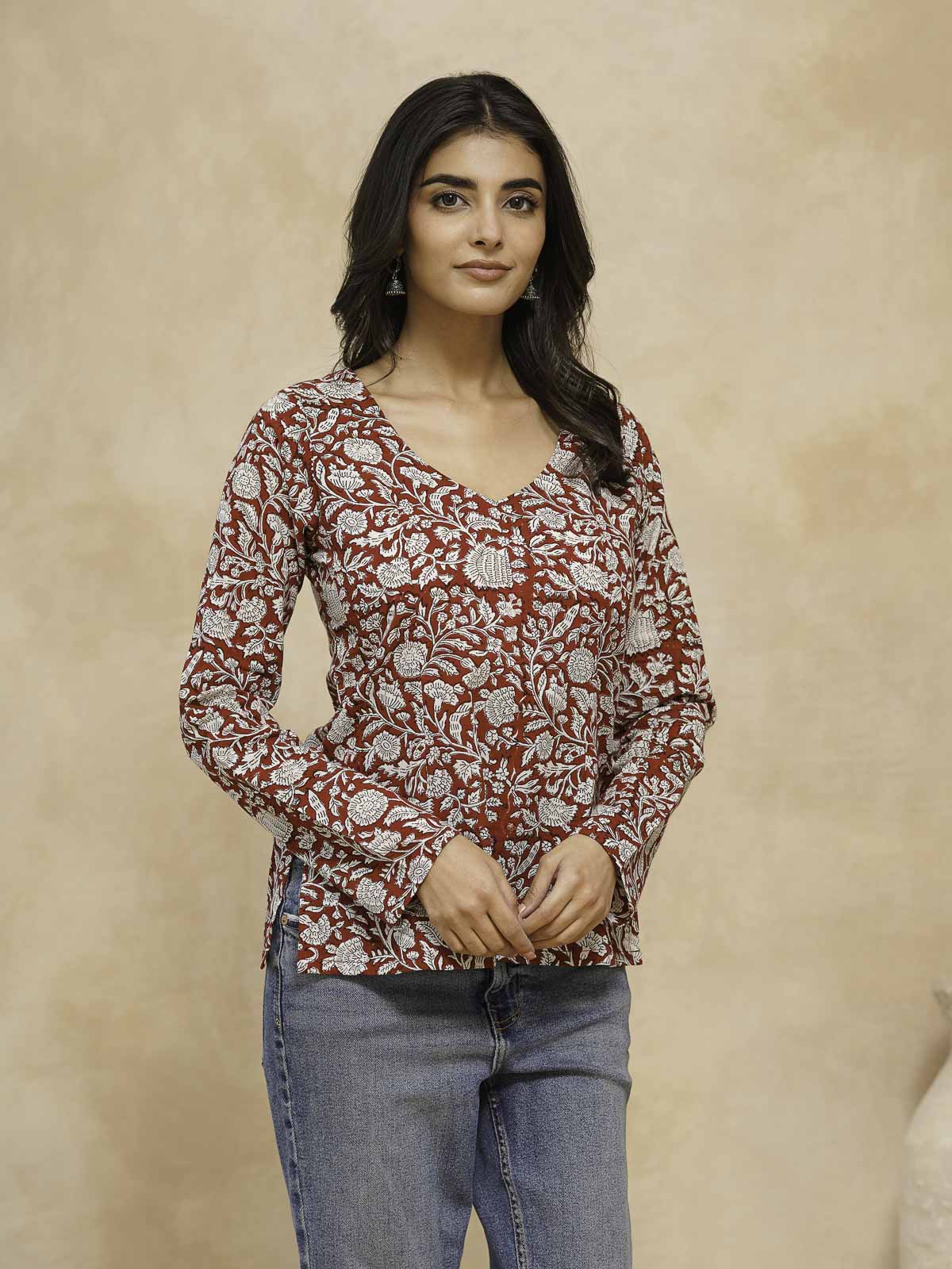 Full Sleeve Cotton Printed Classic Vee Top Red
