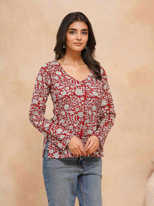 Full Sleeve Cotton Printed Classic Vee Top Red