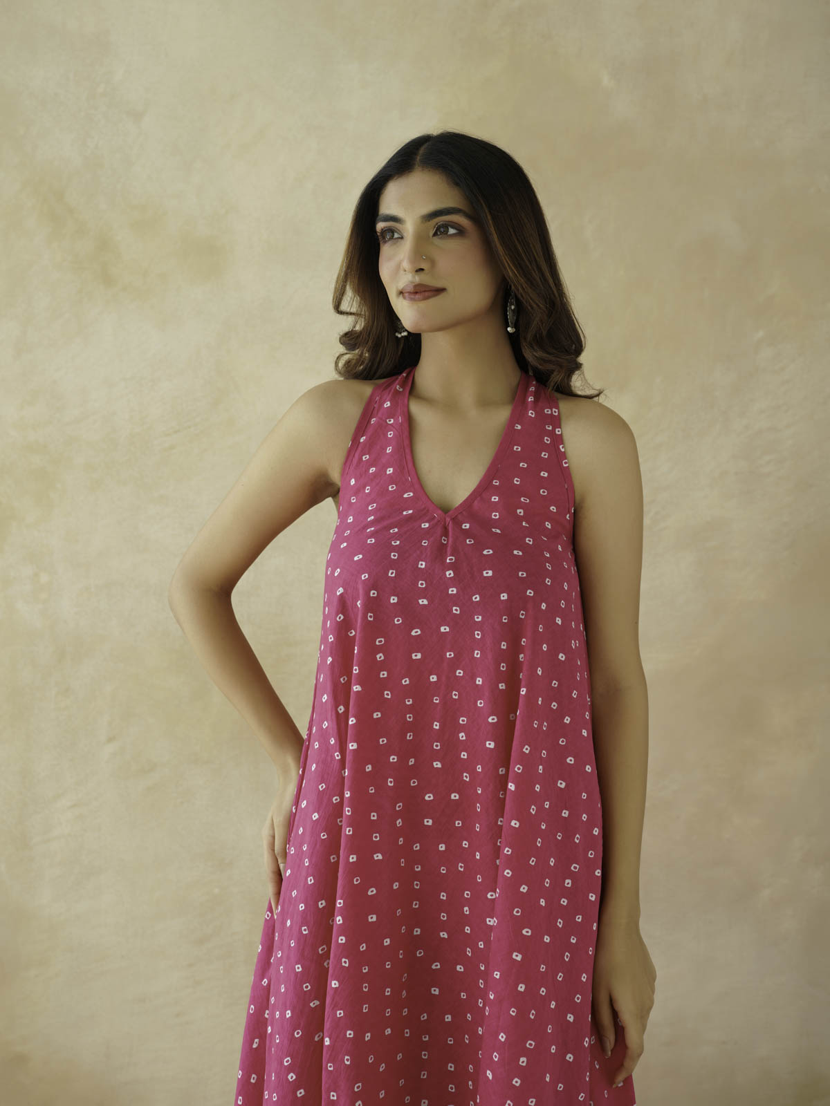 Cotton Printed Aline Moana Dress Pink Bandhej