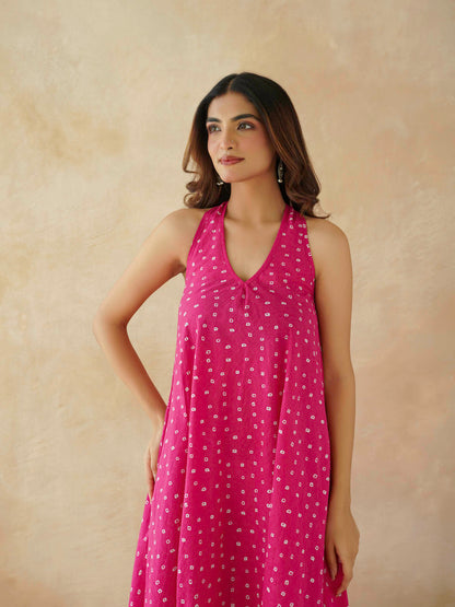 Cotton Printed Aline Moana Dress Pink Bandhej