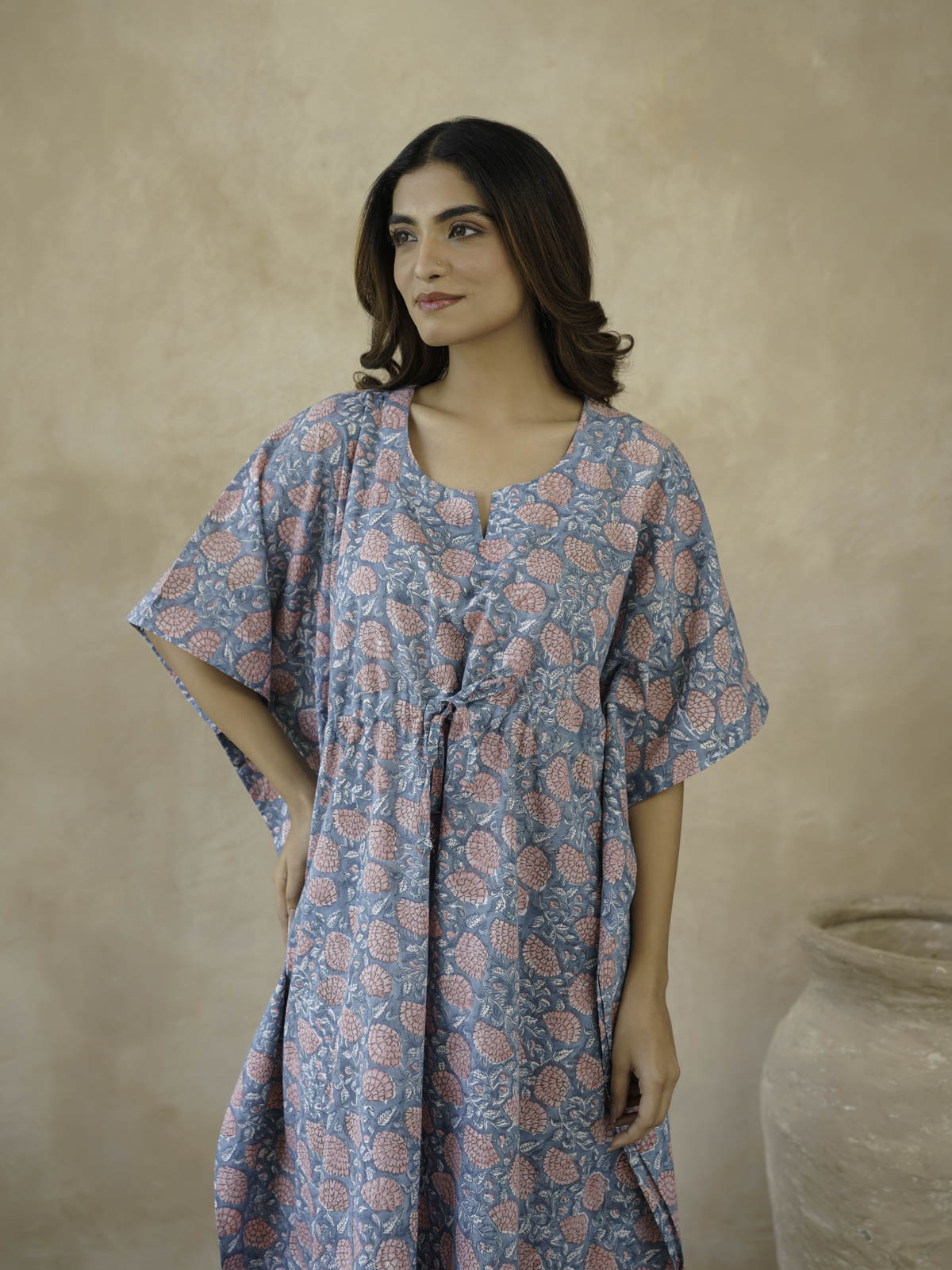 Block-Printed Cotton Long Kaftan Marigold