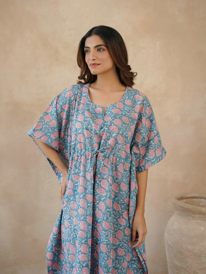 Block-Printed Cotton Long Kaftan Marigold