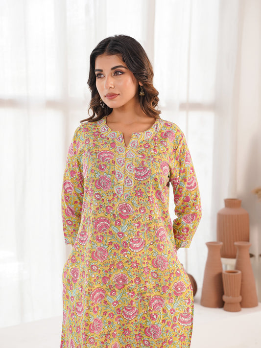 Cotton Block Printed Long Kurta Parrot Green