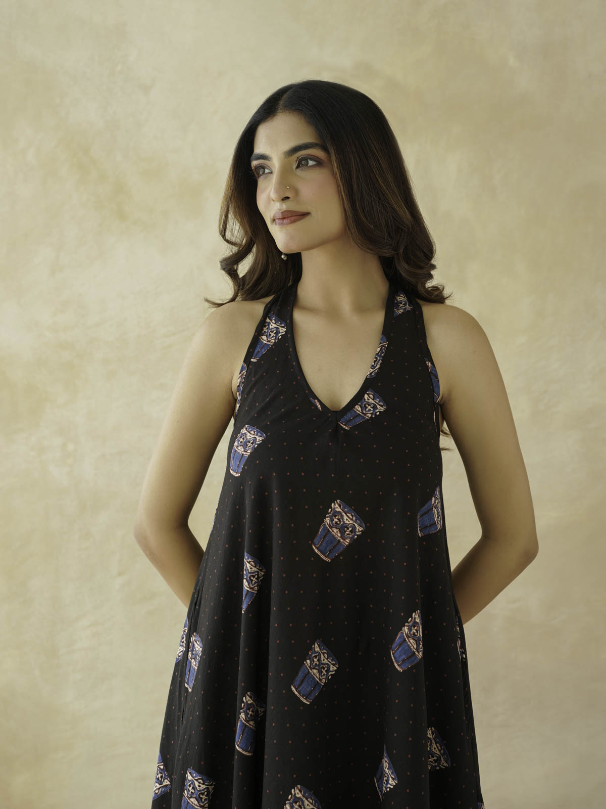 Cotton Printed Aline Moana Dress Black