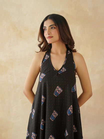 Cotton Printed Aline Moana Dress Black