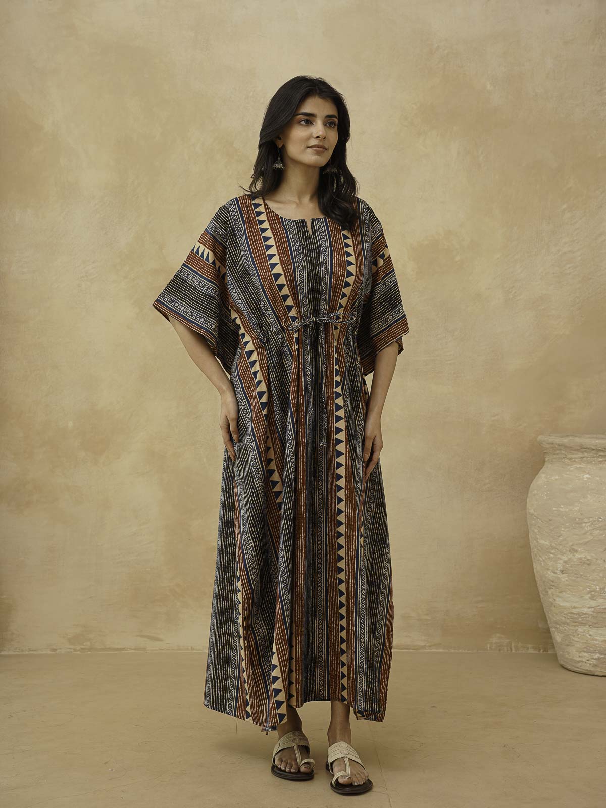Block-Printed Cotton Long Kaftan Multicolor