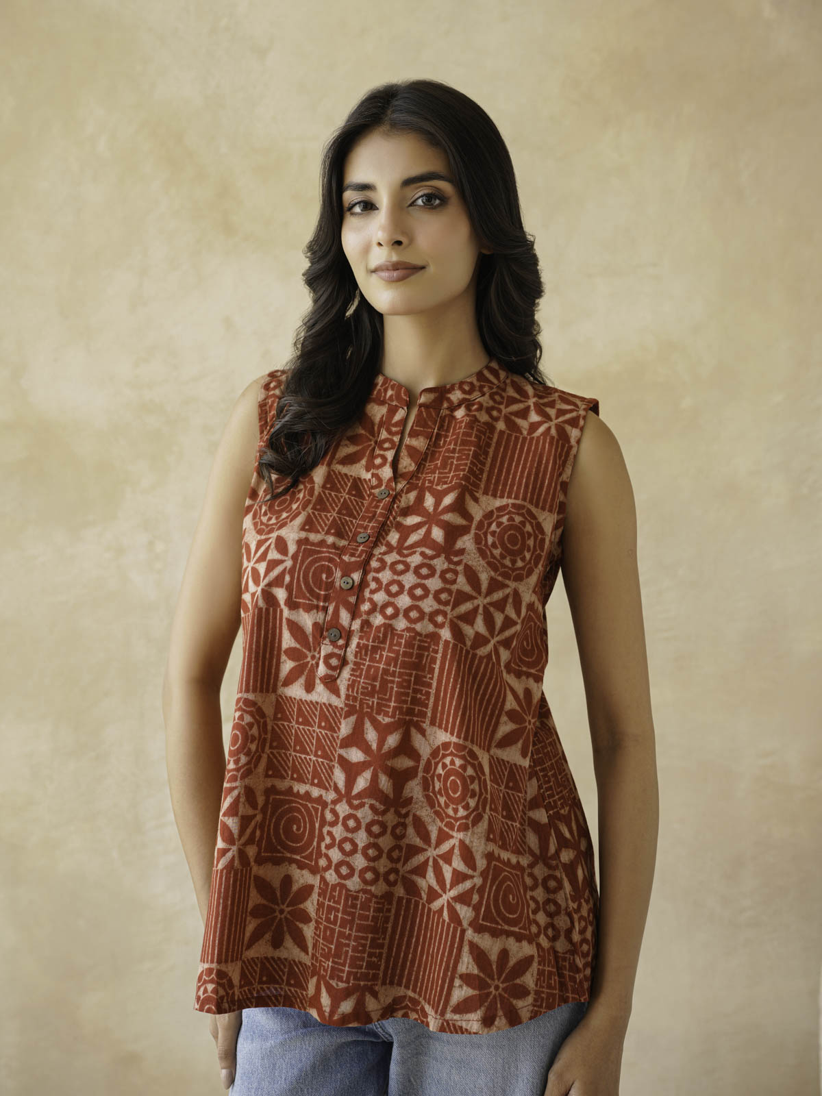 Cotton Printed Sleeveless Tunic Top For Women Red