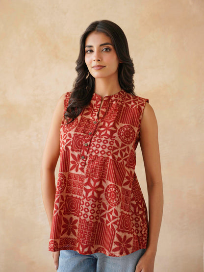 Cotton Printed Sleeveless Tunic Top For Women Red