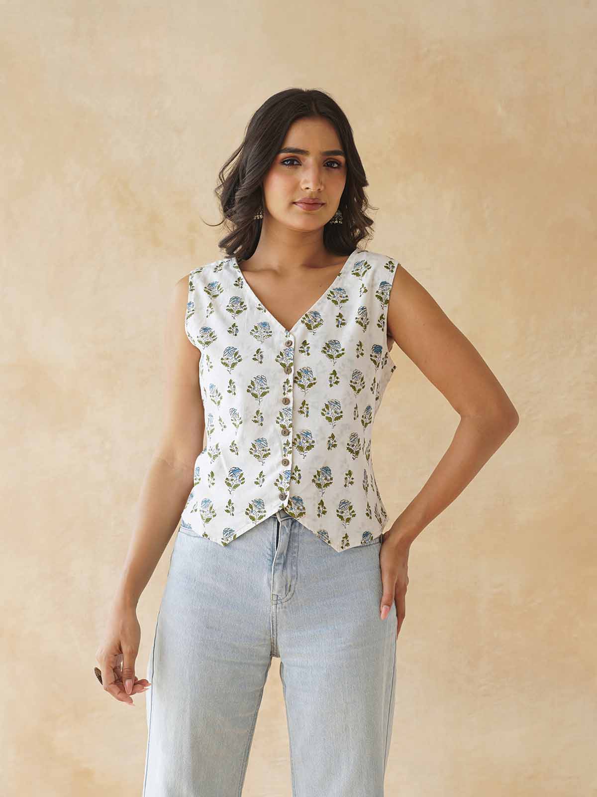 Sleeveless Cotton Block Printed Kothi Top White Booty