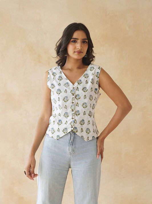Sleeveless Cotton Block Printed Kothi Top White Booty