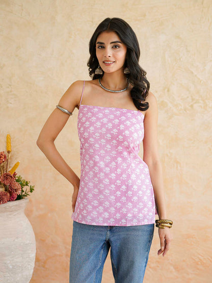 Cotton Sleeveless Strappy Top Pink