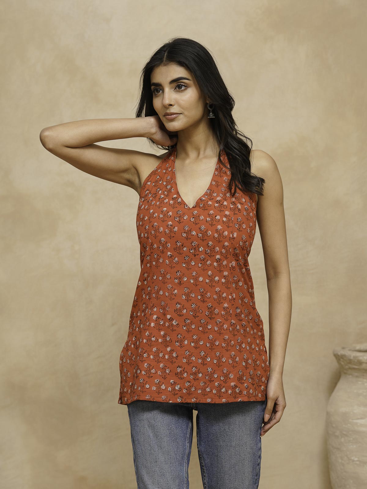 Cotton Printed Stylish Halter Tie-Up Kurti Orange