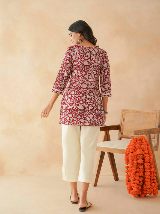 Block-Printed Cotton Zoya Kurti Red Jaal