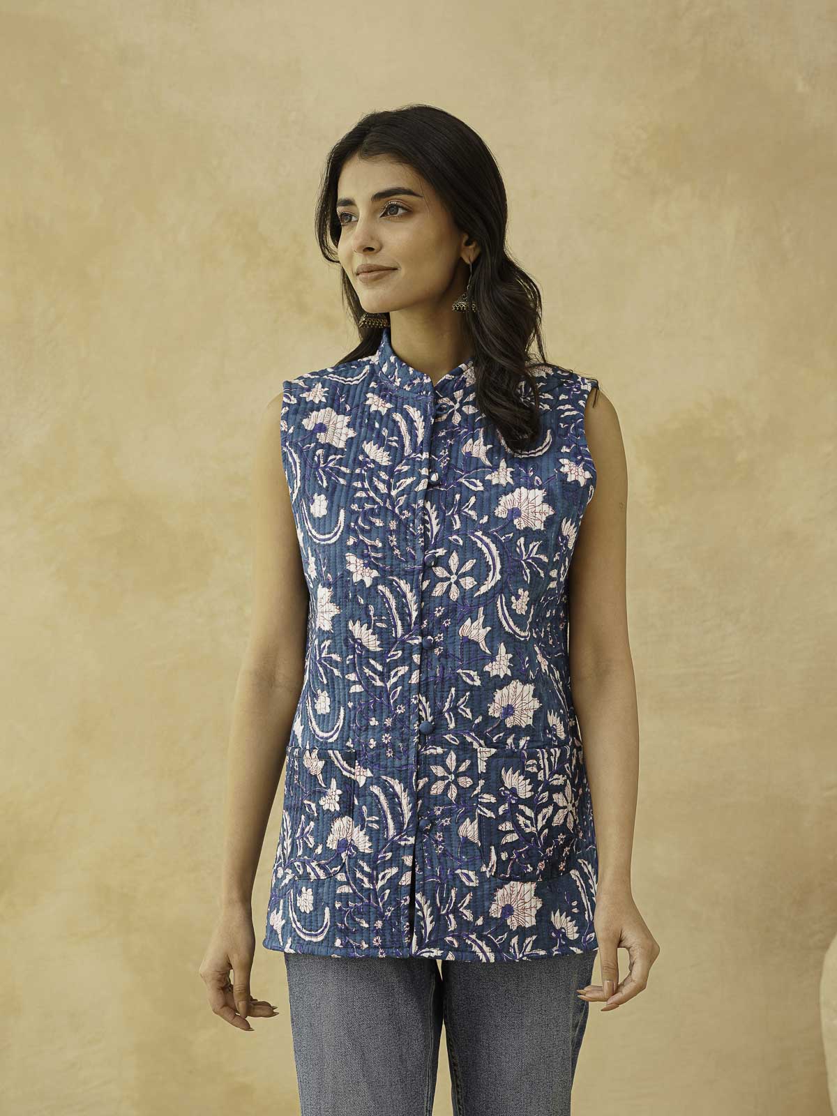 Cotton Printed Sleeveless Quilted Jacket Blue Jaal