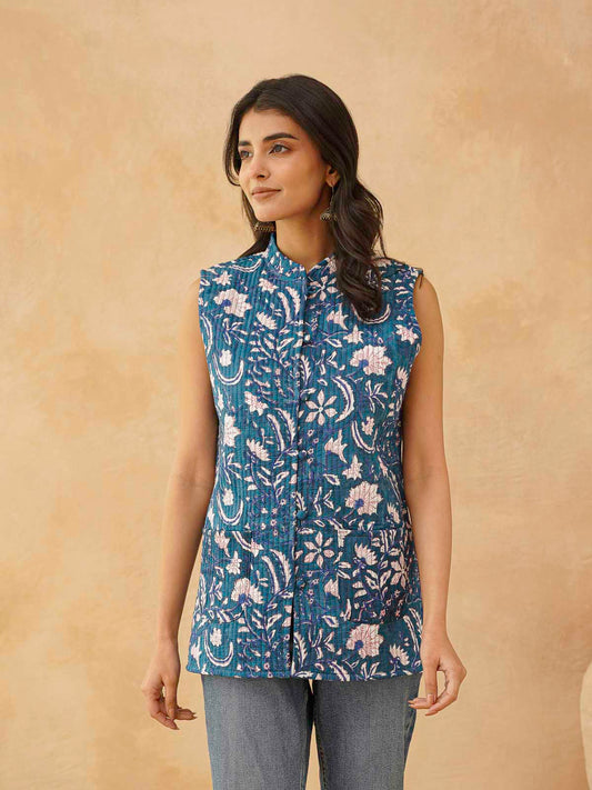 Cotton Printed Sleeveless Quilted Jacket Blue Jaal