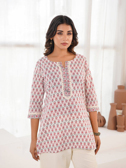 Block-Printed Cotton Zoya Kurti White Booty