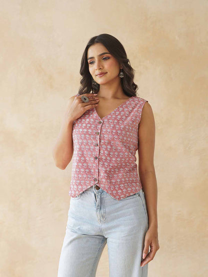 Sleeveless Cotton Block Printed Kothi Top Dusty Pink