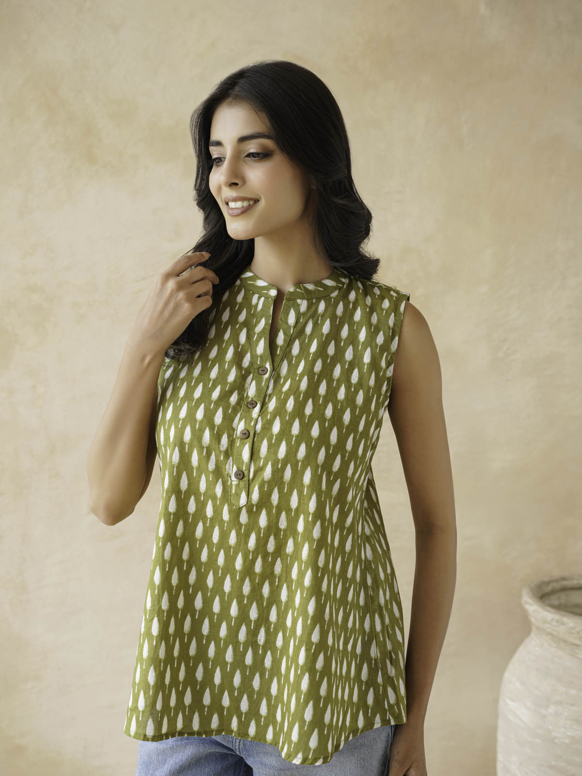 Cotton Printed Sleeveless Tunic Top For Women Green Booty