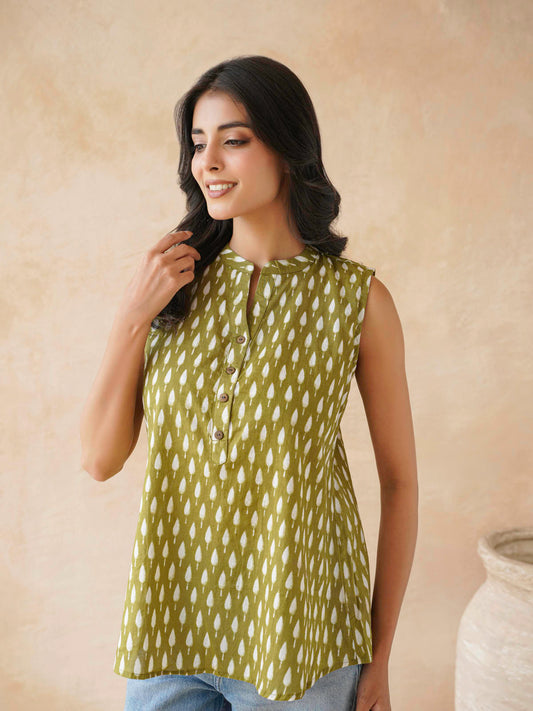 Cotton Printed Sleeveless Tunic Top For Women Green Booty