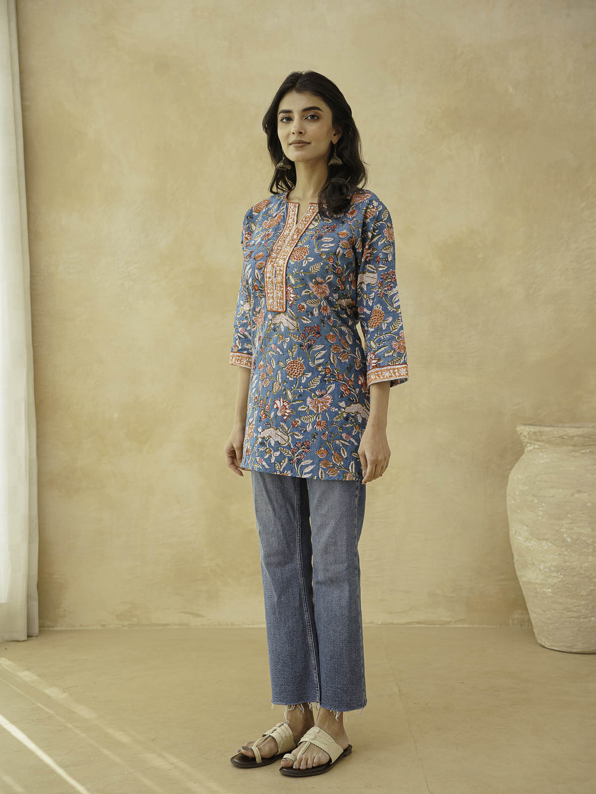 Cotton Printed Sequin Short Kurti For Women Blue Jaal
