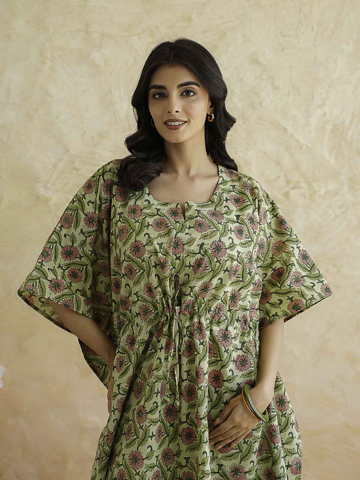 Block-Printed Cotton Long Kaftan Green Jaal