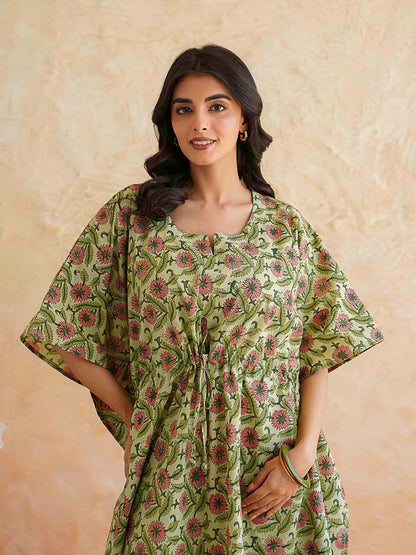 Block-Printed Cotton Long Kaftan Green Jaal