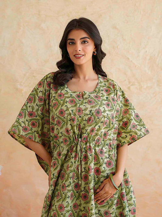 Block-Printed Cotton Long Kaftan Green Jaal