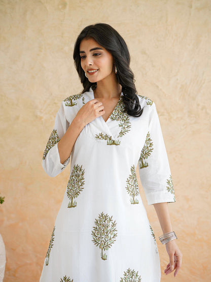Cotton Printed Straight Kurta White